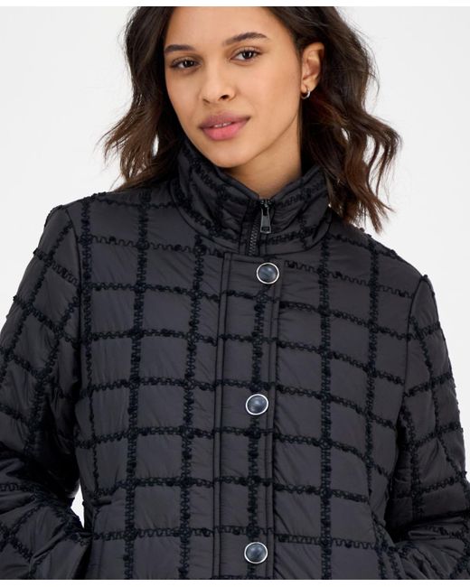 Cece Blue Short Boucle Windowpane Quilted Coat