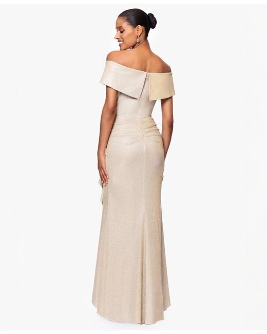 Xscape White Metallic Off-the-shoulder Ruffled Gown