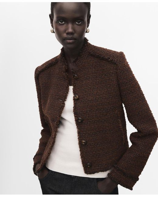 Mango Brown Frayed Ends Tweed Jacket