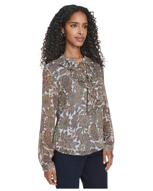 Tommy Hilfiger Gray Paisley Ruffle Long Sleeve Blouse