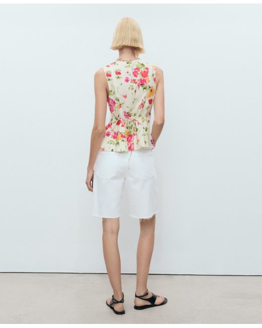 Mango White Floral Button-down Fitted Blouse