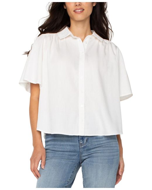 Liverpool Los Angeles White Petite Elbow-sleeve Button-front Blouse