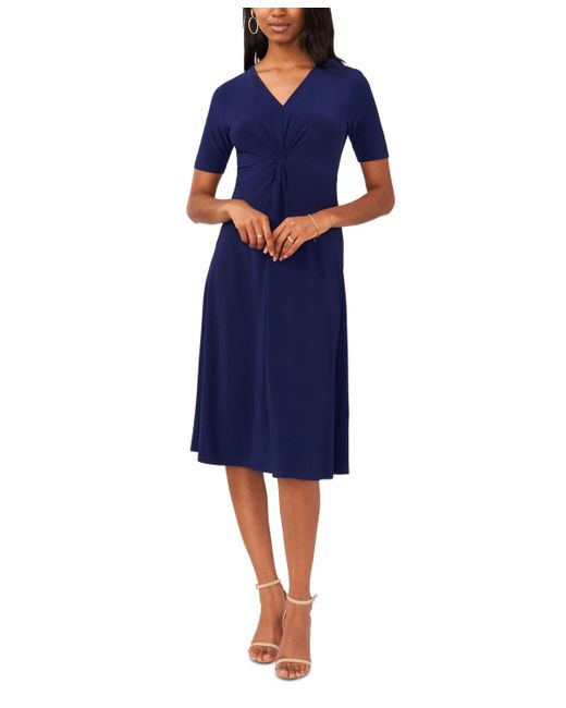 Msk Blue Petite Twist-front V-neck Elbow-sleeve Midi Dress