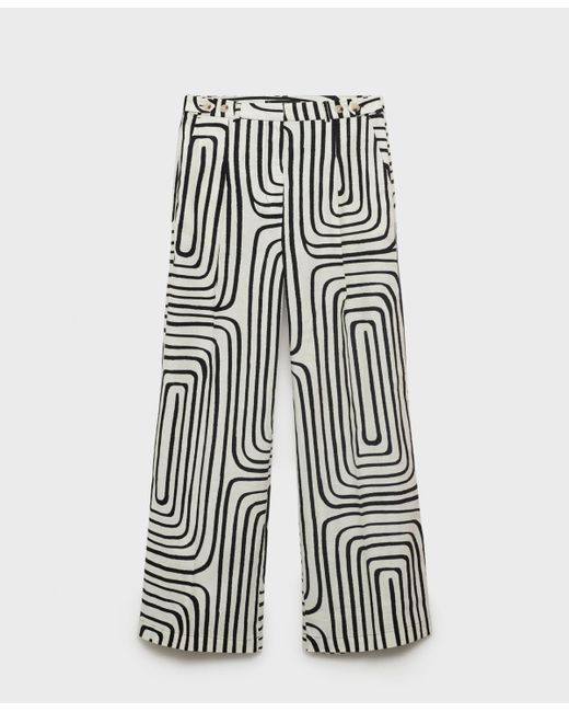 Mango White Geometric-print Linen Pants
