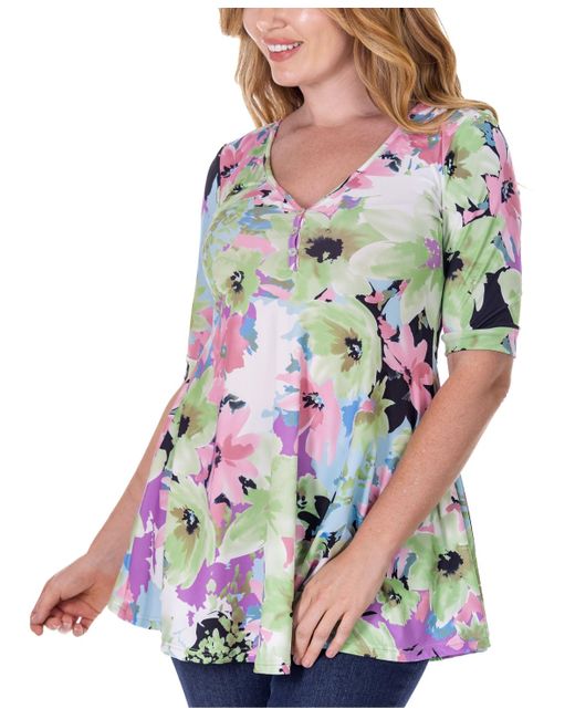 24seven Comfort Apparel Gray Print Elbow Sleeve V Neck Henley Tunic Top