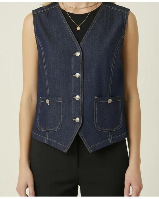 Modenaire Blue Denim Button-front Patch Pocket Vest