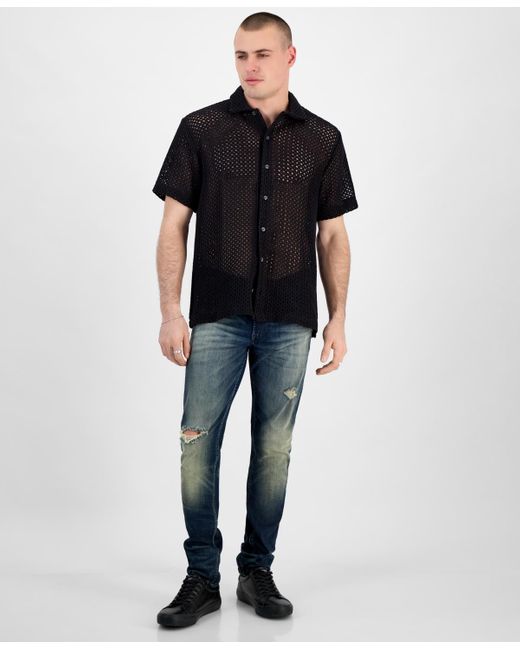 Guess Black Relaxed-fit Open Mesh-knit Button-down Shirt for men