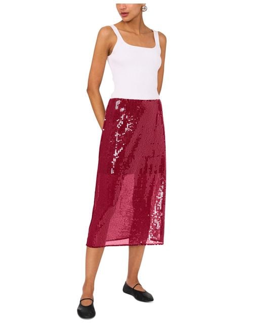1.STATE Red Side-zip Sequin Midi Skirt