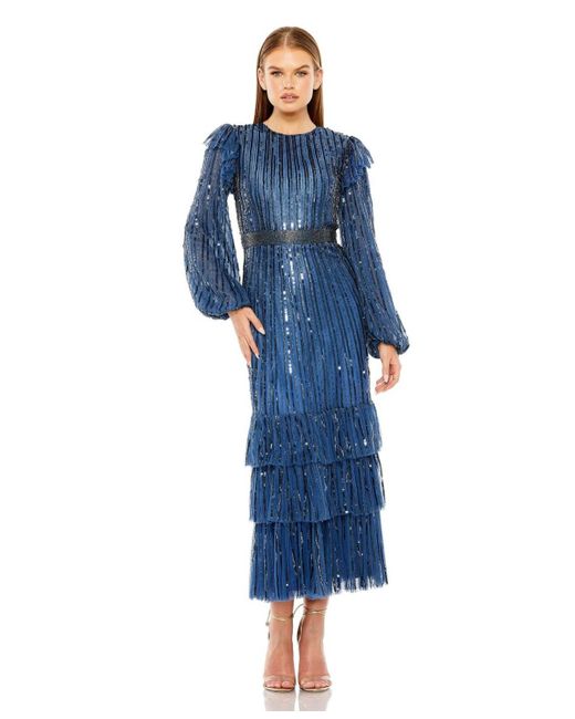 Mac Duggal Blue Long Sleeve Ruffle Detail Sequin Dress