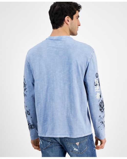 Guess Blue Embroidered Long Sleeve T-shirt for men