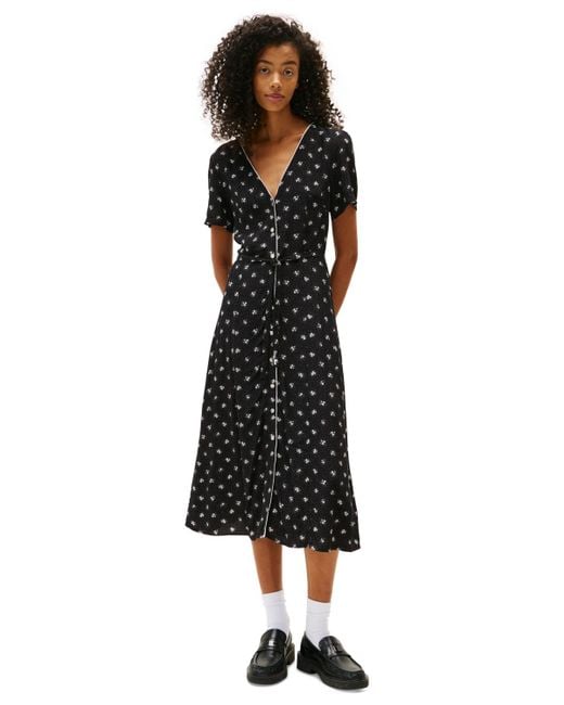 Tommy Hilfiger Black Floral-print Picot-trim Shirtdress