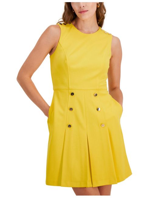 Tahari Yellow Sleeveless Button A-line Dress