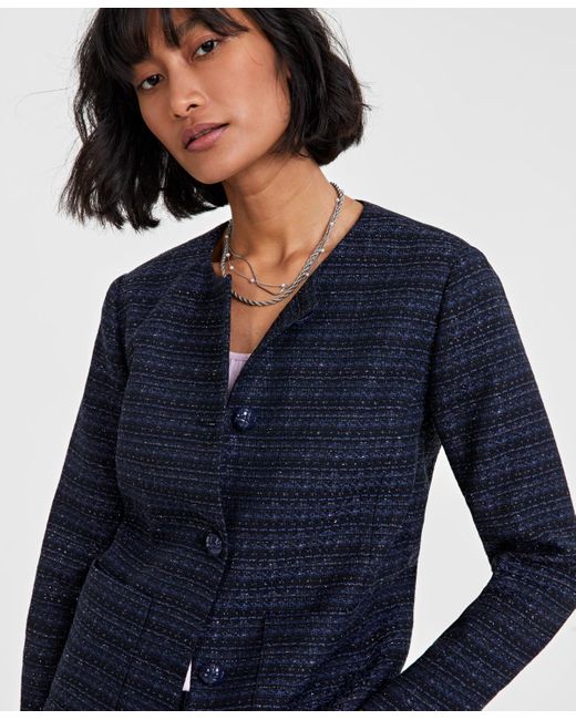 On 34th Blue Tweed Collarless Jacket