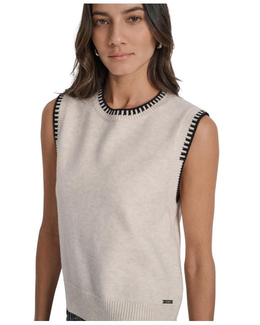 DKNY Blue Whipstitch Trim Crewneck Sleeveless Sweater