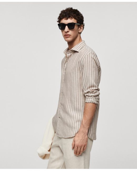 Mango White Regular-fit Striped Linen Shirt for men