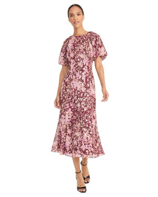 Maggy London Red Puff Sleeve Midi Dresses