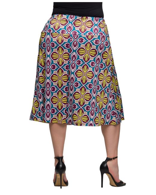 24seven Comfort Apparel Blue Plus Size Print Comfortable Elastic Waist Knee Length Skirt