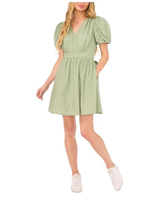 Cece Green Short Puff-sleeve Belted Mini Dress