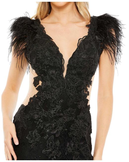 Mac Duggal Black Feather Cap Sleeve Lace Gown