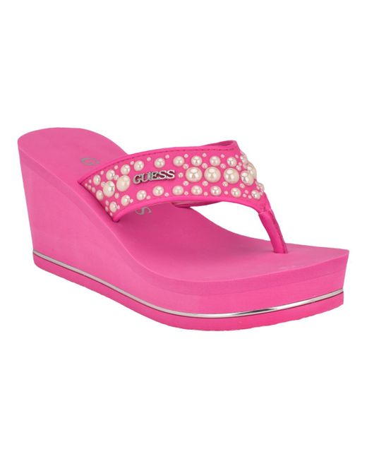 Guess Pink Silus Imitation Pearl Detail Thong Wedge Sandals