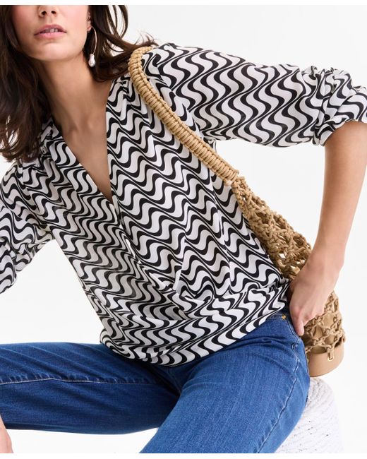 INC International Concepts Blue Printed Surplice Long-sleeve Blouse