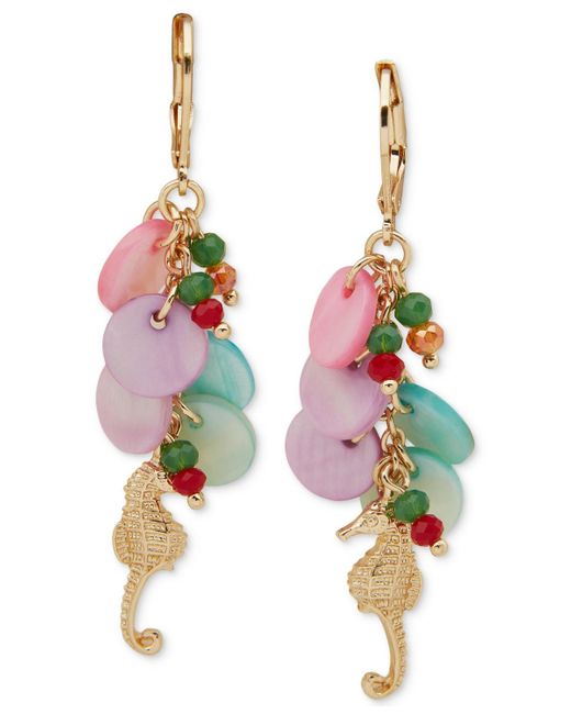 Lonna & Lilly Multicolor Gold-tone Mixed Bead & Disc Pave Sea-motif Charm Linear Drop Earrings