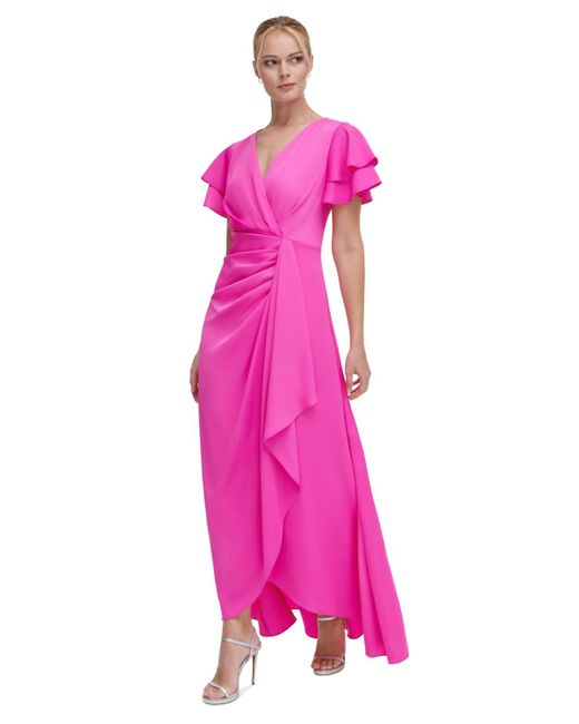 DKNY Pink Double Flutter-sleeve Cascading Gown