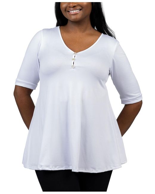 24seven Comfort Apparel White Plus Size Elbow Sleeve Henley Tunic Top