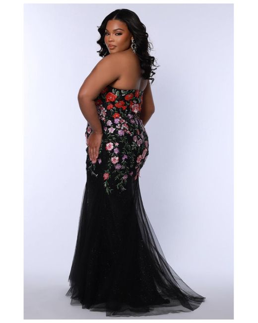Sydney's Closet Black Sweetheart Neckline Fitted Floral Gown