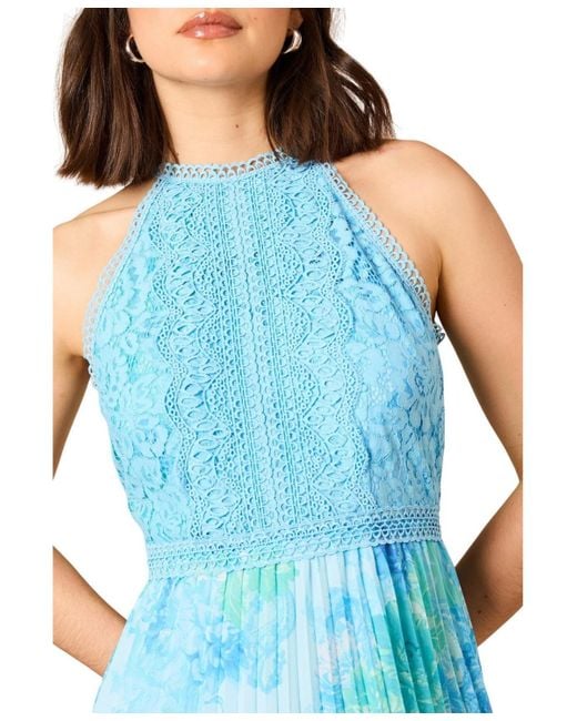 Oasis Blue Printed Lace Mix Halterneck Midi Dress