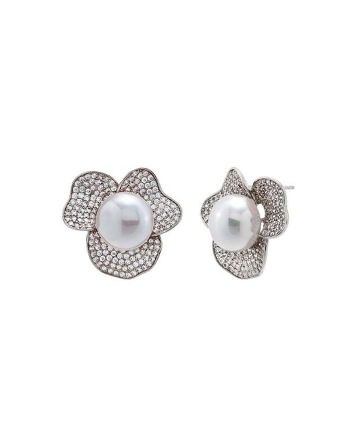 By Adina Eden Metallic Pave Three Petal Imitation Pearl Stud Earring