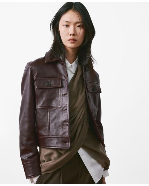 Mango Brown Buttoned Leather Jacket