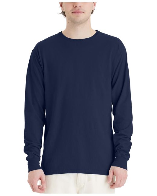 Hanes Blue Garment Dyed Long Sleeve Cotton T-shirt