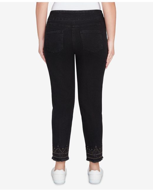 Ruby Rd Black Petite Pull On Embroidered Hem Ankle Jeans