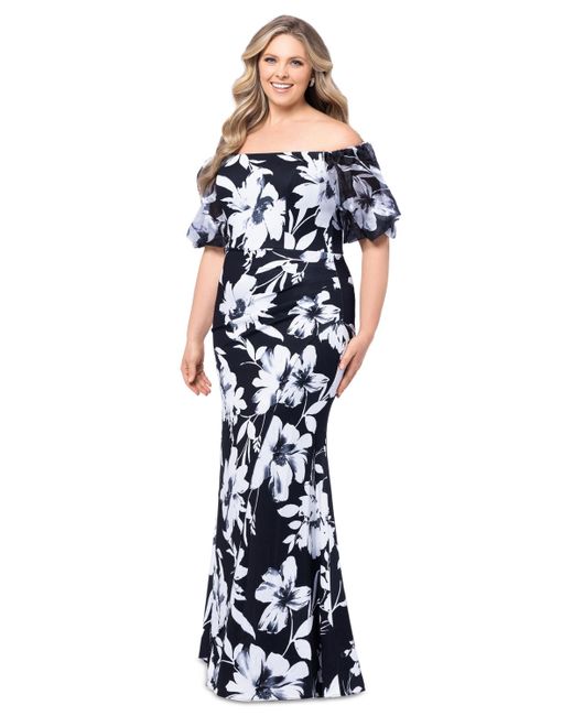 Xscape Blue Plus Size Floral Balloon-sleeve Off-the-shoulder Gown