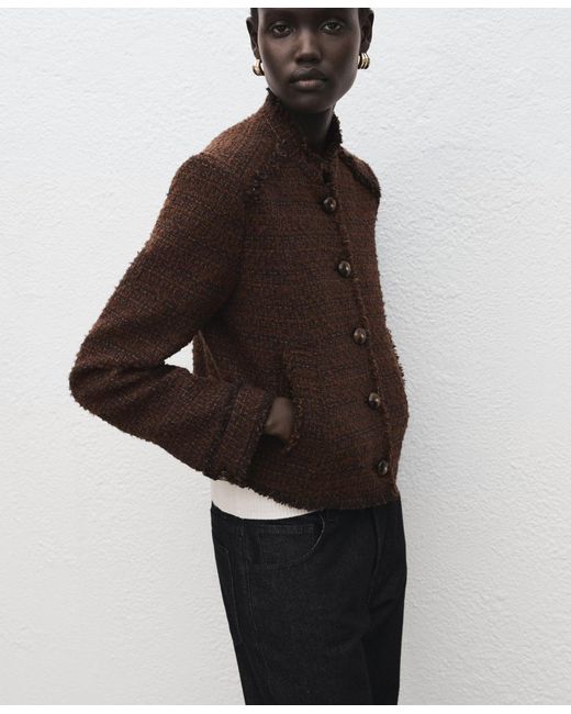 Mango Brown Frayed Ends Tweed Jacket