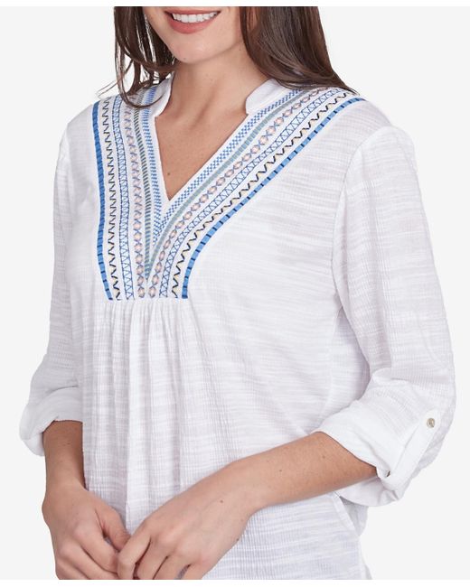 Ruby Rd White Petite Soft Relaxed Textured Trim V-neck Top