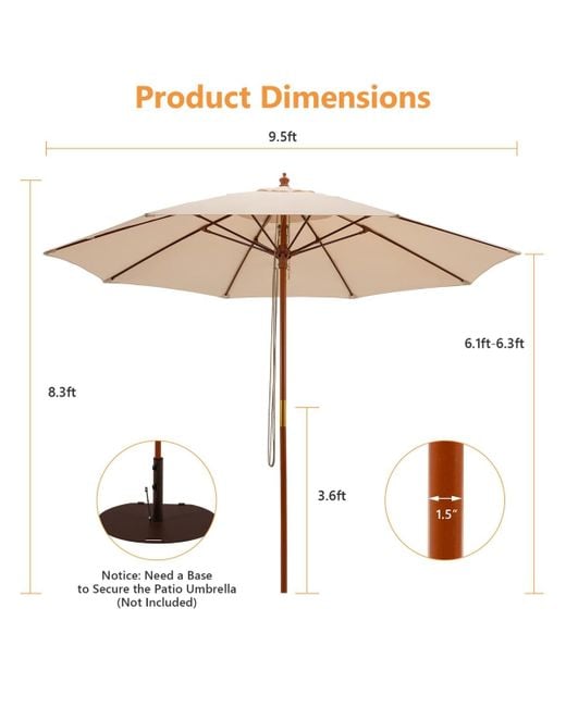 COSTWAY White 9.5 Ft Patio Rope Pulley Wooden Umbrella Market W/fiberglass Ribs Outdoor