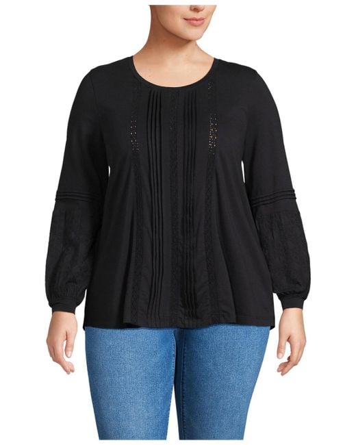 Lands' End Black Plus Size Lightweight Jersey Lace Mix Long Sleeve Pintuck Top