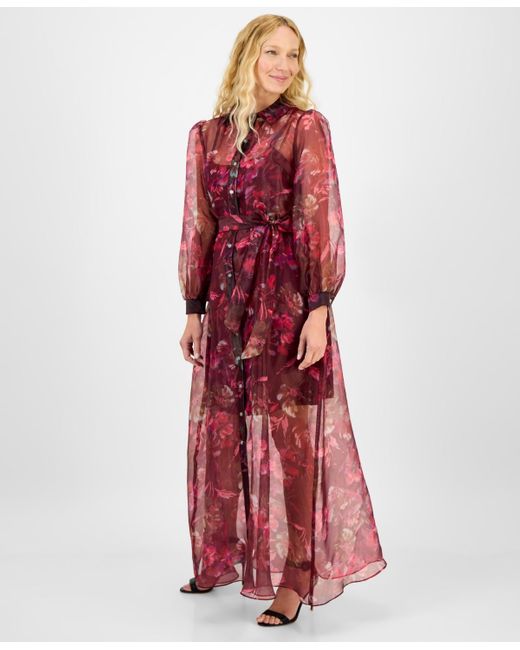 Julia Jordan Red Printed Button-front Long-sleeve Gown