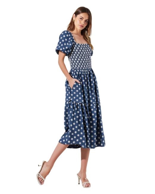 Modenaire Blue Smocked Puff-sleeve Tiered Midi Dress