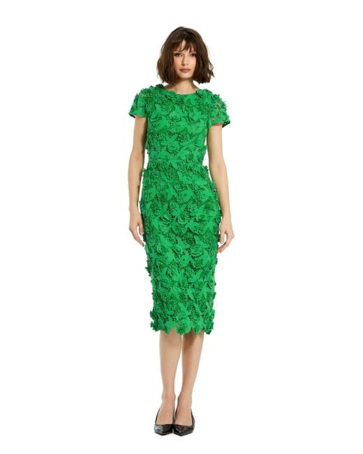 Mac Duggal Green Floral Lace Fitted Short Sleeve Midi Dress