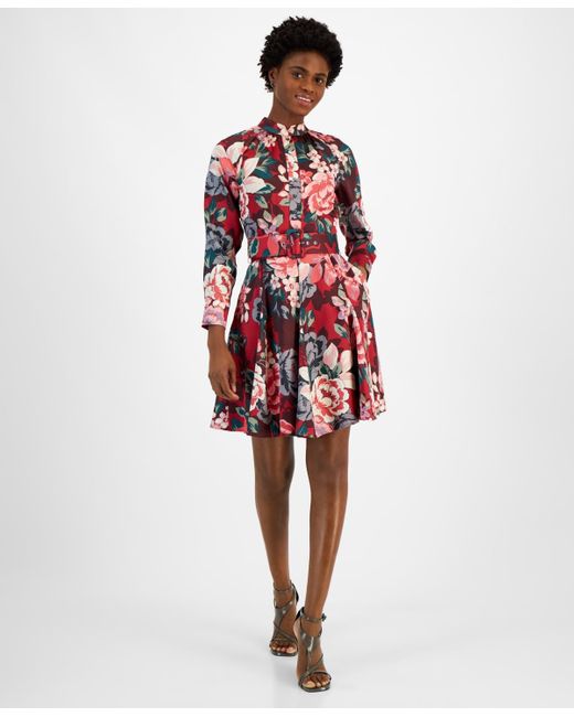 Tahari Mock neck Long sleeve Belted Fit Flare Dress in Red Lyst