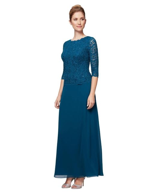 Alex Evenings Blue Sequin Embellished Lace Top Gown