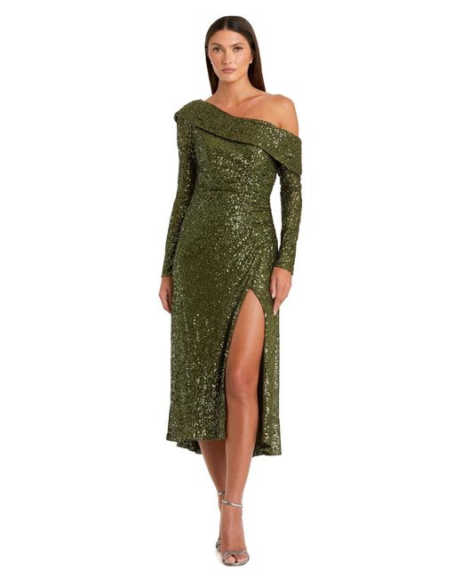 Mac Duggal Ieena One Shoulder Sequin Long Sleeve Midi Dress in Green | Lyst