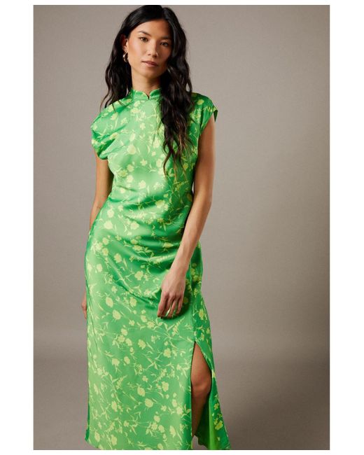 Warehouse Green Crinkle Satin Button Side Midi Dress