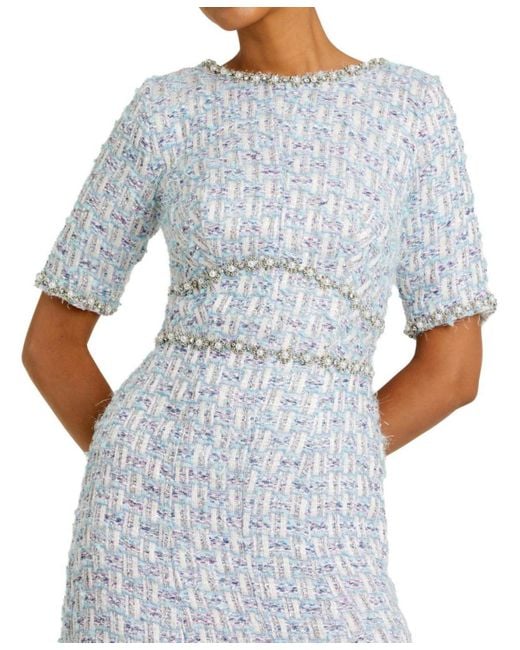 Mac Duggal Blue Short Sleeve Beaded Trim Boucle Midi Dress