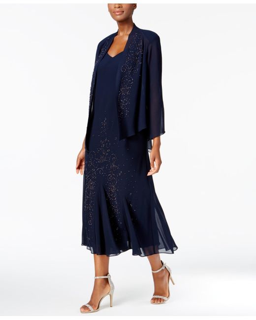 R & M Richards Dress And Jacket, Embellished Chiffon in Blue | Lyst