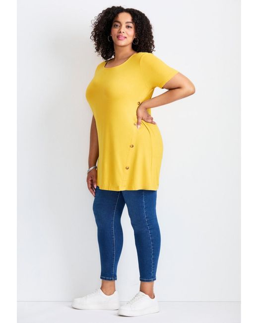 Avenue Yellow Plus Size Button Detail Tunic Tee