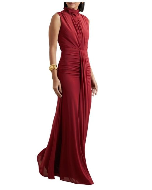 Reiss Red Sheer Ruched Maxi Dress